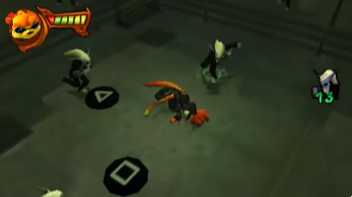 A screenshot of Daxter in a trenchcoat beating up a bunch of enemies in a quick time event minigame.